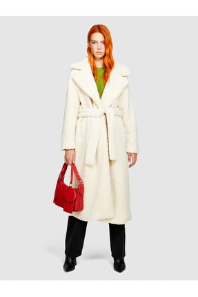 Kadın Beyaz Geniş Yaka Kemerli Ecoshearling Palto