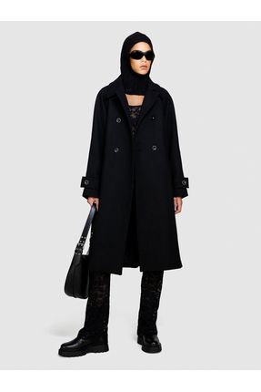Kadın Siyah Yün Karışımlı Kemerli Kruvaze Palto