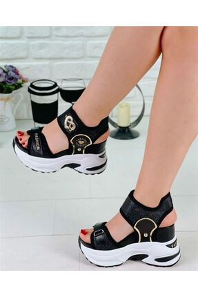 Nua Ayakkabı Fashion Cırtlı Yüksek Taban Sandalet 10 cm Topuklu Sandalet