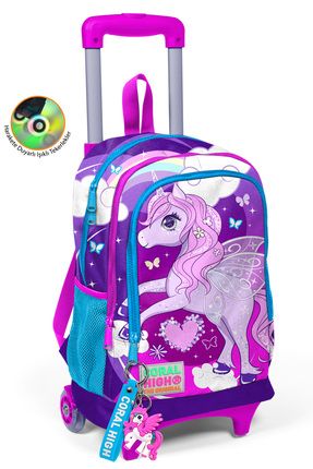 Kids Mor Pembe Unicorn Desenli Üç Bölmeli Çekçekli Okul Sırt Çantası 23908