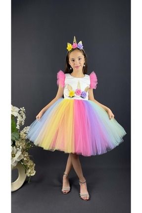 Rengarenk Etekli Taçlı Kız Çocuk Parti Elbisesi Pembe