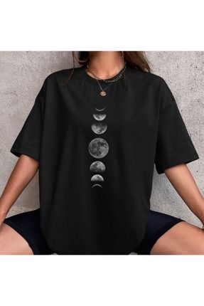 Kadın Siyah Ay'ın Evreleri Baskılı Oversize Bisiklet Yaka Tişört, Unisex Oversize Baskılı T-shirt