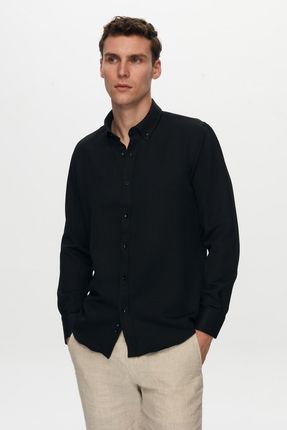 Slim Fit Siyah Oxford Nakışlı Gömlek