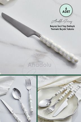 6 Adet Beyaz İnci Taş Detaylı Yemek Bıçak Takımı | 6 Parça Lüks Yemek Bıçak Takımı
