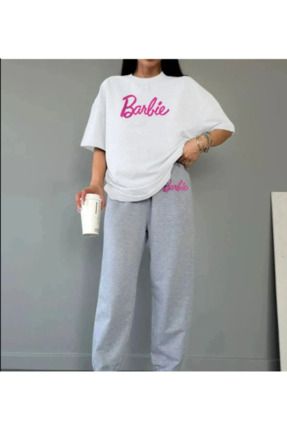 Barbie T-shirt Eşofman Altı Jogger- Gri-Beyaz Baskılı Alt Üst Eşofman Takım Oversize Bisiklet Yaka