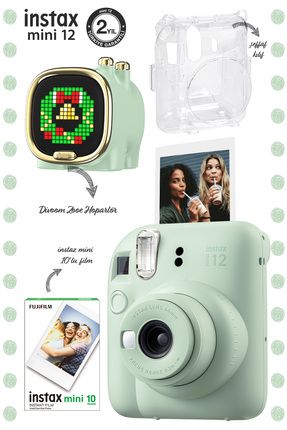 Instax mini 12 Yeşil Fotoğraf Makinesi ve Divoom Zooe Led Ekranlı Bluetooth Hoparlör Seti