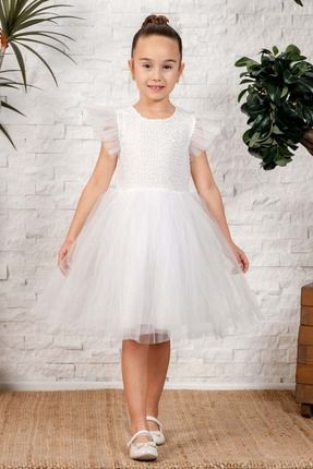 Küpeli Pul Payet Tüllü Kız Çocuk Elbise MNK0526 Beyaz