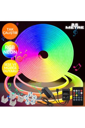 Sese ve Müziğe Duyarlı Neon Led Rgb Esnek 2,5 Metre Kumandalı Full++