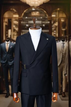 Takım Elbise Italyan Kesim Yandan Kemerli Premium Siyah Sd4144