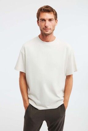 Jett Erkek Oversize Fit %100 Pamuk Kalın Dokulu Taş Rengi T-shirt