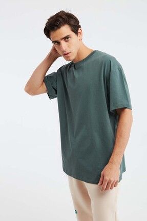 Jett Erkek Oversize Fit %100 Pamuk Kalın Dokulu Koyu Yeşil T-shirt