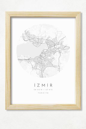 İzmir Şehir Haritası/Türkiye Şehirleri/Doğal Ahşap Çerçeveli Poster/Çerçeve Rengi:Naturel