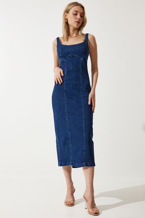 Kadın Mavi Fermuarlı Askılı Midi Denim Elbise OK00061