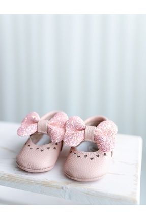 Pembe Simli Deri Kız Bebek Ayakkabısı
