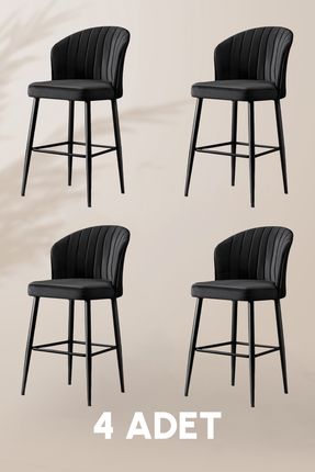 Rubi Bar Sandalye - Siyah - Siyah Metal Ayak (4 Adet)