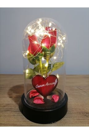 Kırmızı Gül Çiçek Kalpli Işıklı Fanus Dekoratif Sevgiliye Anneler Gününe Özel Hediye Canım Annem