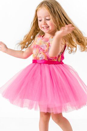 Renkli Çiçekli Kız Çocuk Tütülü Fuşya Elbise