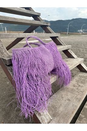 Saçaklı Hasır İp Plaj Çantası Mor Püsküllü El kol çantası Rafya Büyük boy