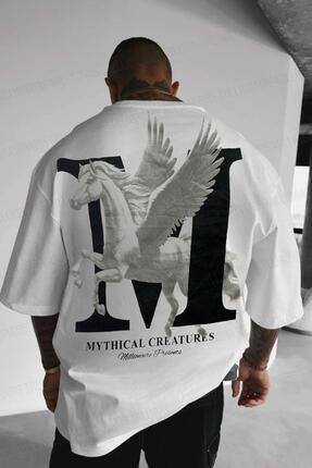 Erkek Mythical Pegasus Baskılı Beyaz Bisiklet Yaka Oversize Salaş T-Shirt