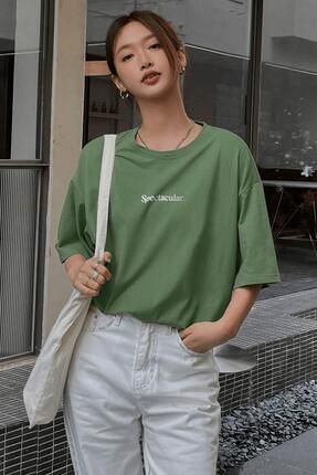 Spectacular Açık Yeşil Oversize Salas Boyfriend Kadın T-shirt