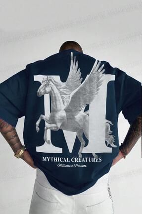Erkek Mythical Pegasus Baskılı Lacivert Bisiklet Yaka Oversize Salaş T-Shirt
