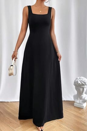 Kadın Siyah Trend U Yaka Uzun Askılı Elbise