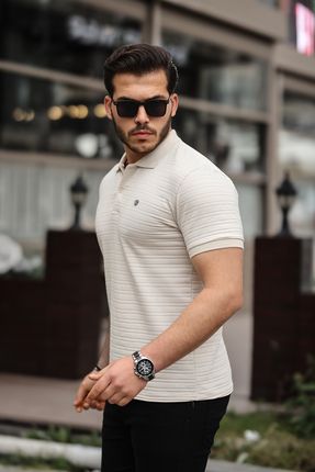 Erkek %100 Pamuklu Kumaş Slim Fit Kesim Bej Polo Yaka T-shirt