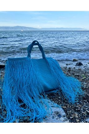 Saçaklı Hasır İp Plaj çantası Püsküllü El kol Çantası Rafya Siyah Büyük boy