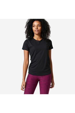 Kadın Siyah Kısa Kollu Spor Tişörtü 100 - Fitness Kardiyo