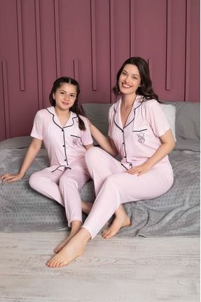 Anne Kız Kombin Önden Düğmeli Bebe Yaka Pijama Takımı