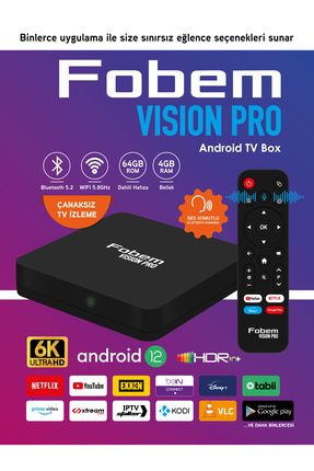 Vision PRO 6K Android TV Box Medya Oynatıcı - Sesli Komut Bluetooth Wi-Fi 4 GB Ram 64 GB Hafıza
