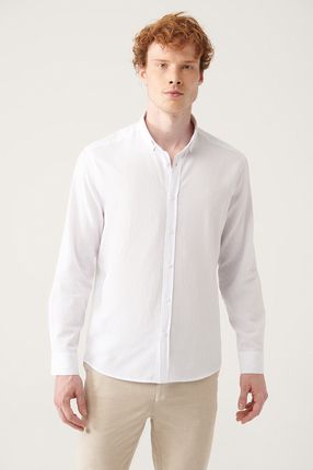 Erkek Beyaz Düğmeli Yaka Comfort Fit %100 Pamuk Keten Dokulu Gömlek E002141