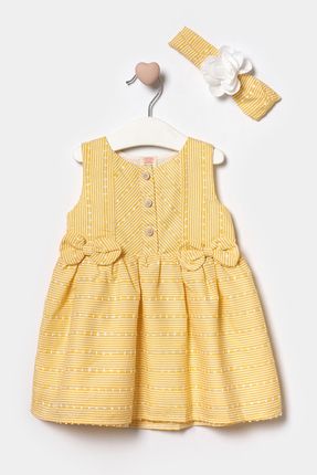 Fiyonklu Önden Patlı Çizgili Dokuma Kız Bebek Elbise