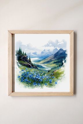 Dağ Tepeleri ve Beni Unutma Çiçekleri, Sulu Boya Efektli Ahşap Çerçeveli Tablo