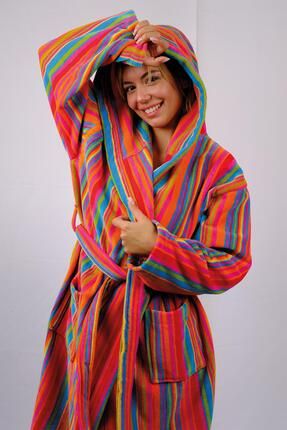 %100 Pamuk Gökkuşağı Kimono Yaka Kapşonlu Kadın Bornoz