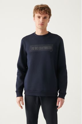 Erkek Lacivert Bisiklet Yaka 3 Iplik Içi Polarlı Baskılı Regular Fit Sweatshirt