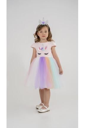 Kız Çocuk Elbise Unicorn Baskılı Tül Etekli Taç Hediyeli 3-6 Yaş
