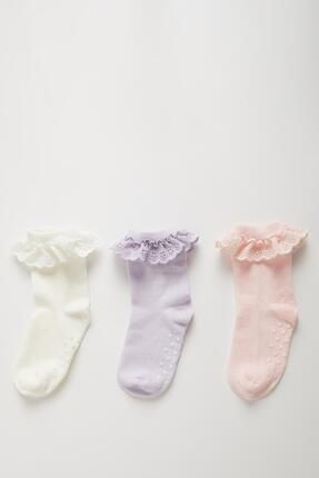 Kız Bebek Dikişsiz 3'lü Pamuklu Uzun Çorap C4307a5ns