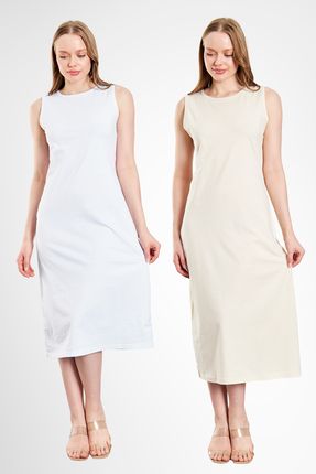 Uzun Kolsuz Elbise Astarı Içlik Jüpon Kombinezon 2'li Set Ekru - Beyaz 2'li Set