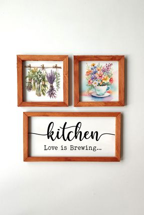 Kitchen Love is Brewing Yazılı, ahşap Çerçeveli 3 Parça Tablo Seti, Sulu Boya Efektli Yeşillikler