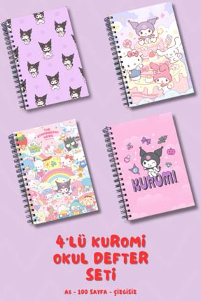 A5 Metal Spiralli 100 Sayfa 4'lü Kuromi Hello Kitty Cinnamoroll Defter Seti