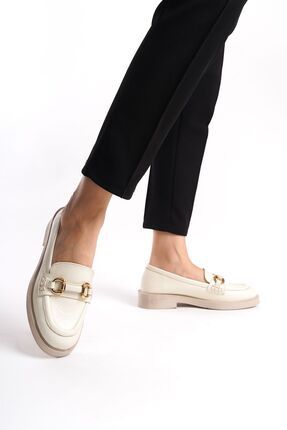 Bej Loafer Hakiki Deri Kadın Bej Loafer Ayakkabı Bej Rengi Toka Detaylı Kadın Deri Loafer Ayakkabısı
