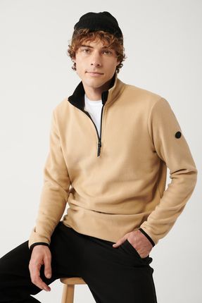 Erkek Bej Polar Sweatshirt Dik Yaka Soğuğa Dayanıklı Yarım Fermuarlı Regular Fit E001068