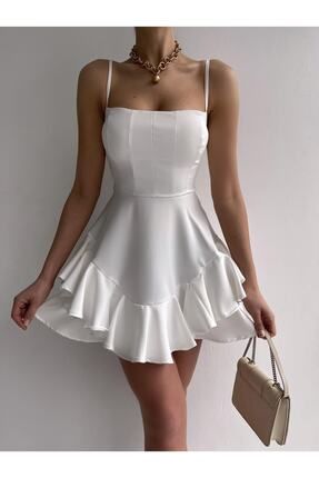 Askılı Prenses Mini Elbise Beyaz