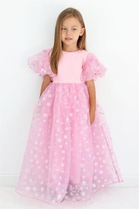 Pembe Yıldızlı Tül Etekli Kız Çocuk Elbise - Elsa