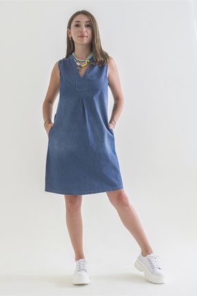 Kadın Cepli Yıkanmış Pamuklu Mavi Kot Elbise
