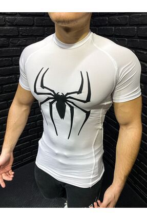 Compression T-shirt Fit Spor Erkek Sıkı Tişört Kısa Kollu Beyaz Spiderman Baskılı