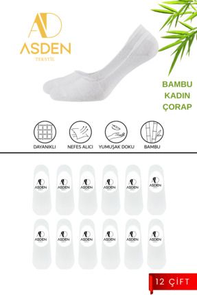 Bambu Kadın 12'li Beyaz Babet Çorap, Dikişsiz, Kaydırmaz Silikon Topuk