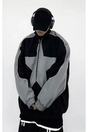 Y2k Siyah Star Yıldız Detay Unisex Streetwear Paraşüt Gri Blok Renk Detay Vintage Ceket