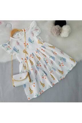Çiçek Desenli Kız Cocuk Elbise, Kiz Bebek Elbise- Çanta Hediyeli